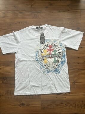 Chrome Hearts White Short-Sleeve Tee with Multicolor Cross Graphic